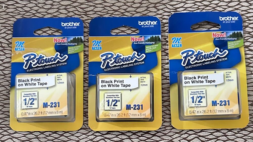 New Genuine Brother P-Touch M-231 3pk Black on White Labeling 1/2" Tape